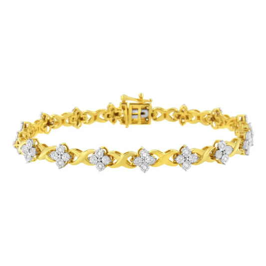 10K Yellow Gold Plated Sterling Silver 1/4 cttw Diamond 4 Leaf Clover Link Tennis Bracelet (I-J Color, I2-I3 Clarity) - Size 7.25" - Bijoux-NYC Direct