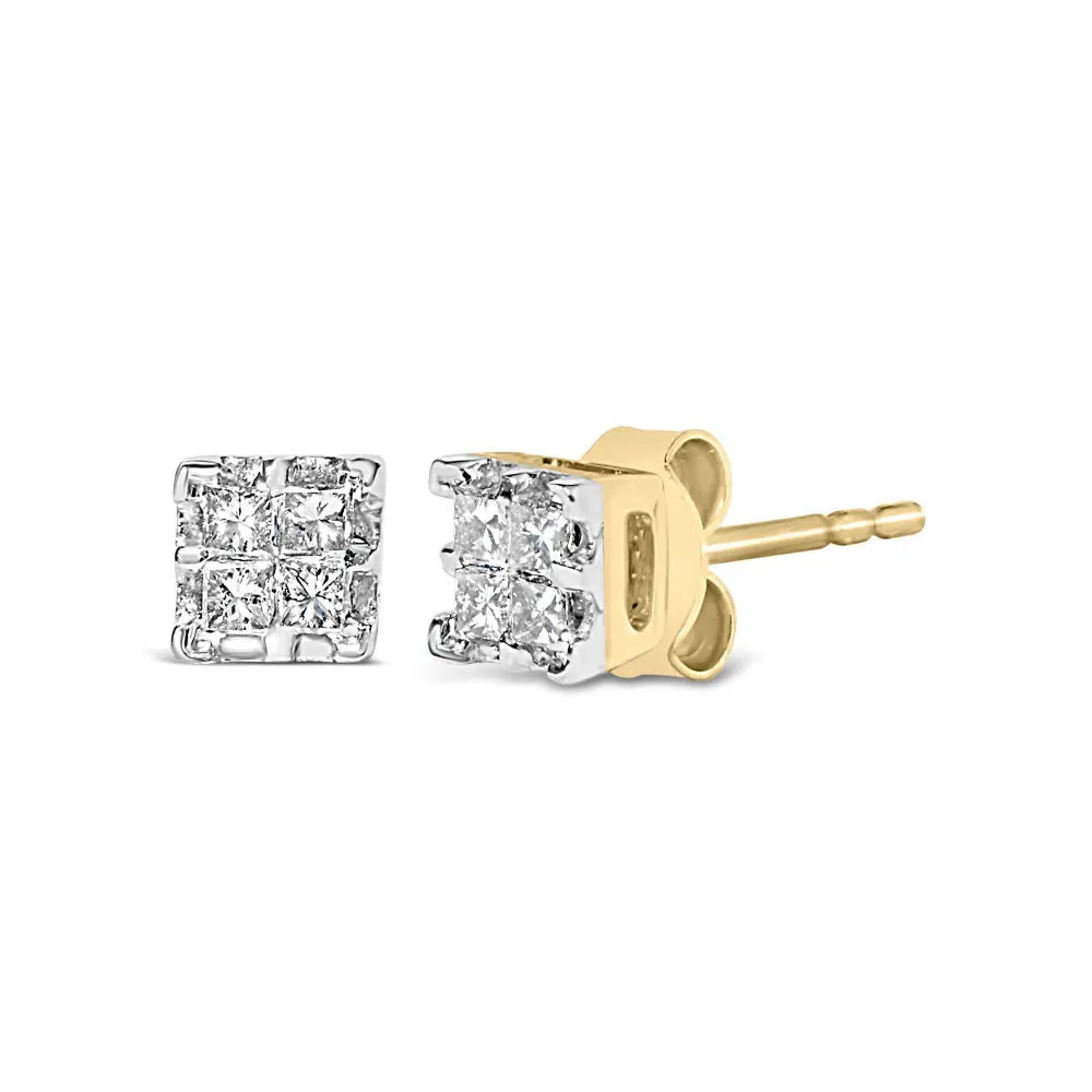 10k Yellow Gold Princess Diamond Quad Stud Earrings (1/4 cttw, J-K Color, I2-I3 Clarity) - Bijoux-NYC Direct