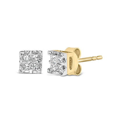 10k Yellow Gold Princess Diamond Quad Stud Earrings (1/4 cttw, J-K Color, I2-I3 Clarity) - Bijoux-NYC Direct