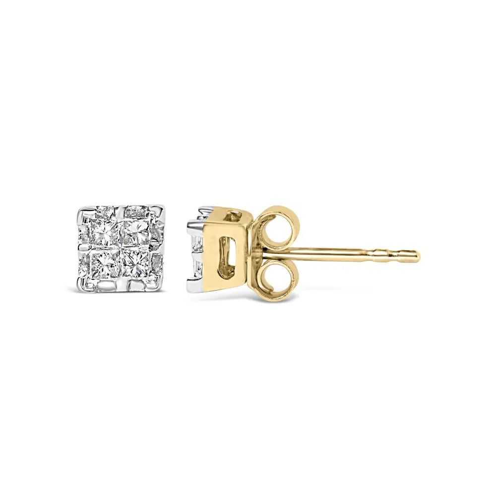 10k Yellow Gold Princess Diamond Quad Stud Earrings (1/4 cttw, J-K Color, I2-I3 Clarity) - Bijoux-NYC Direct