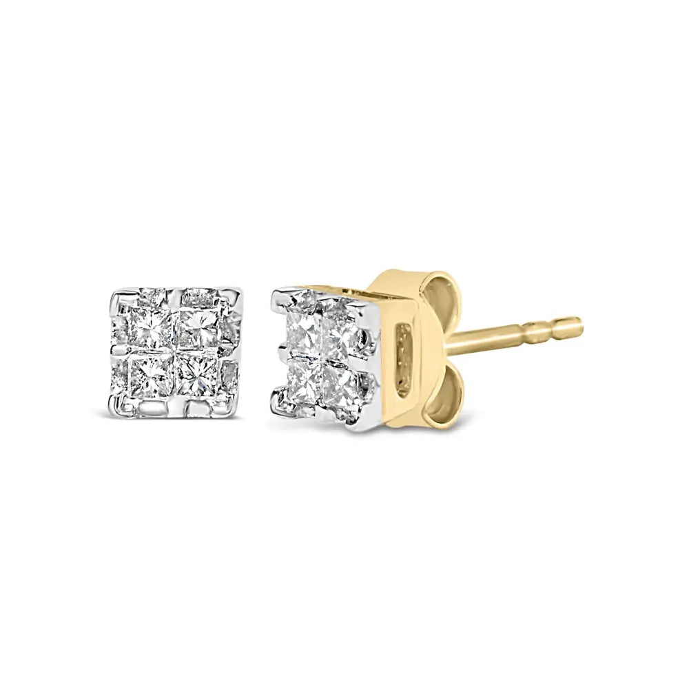 10k yellow gold princess cut diamond quad stud earrings 1/4 cttw bijoux-nyc direct