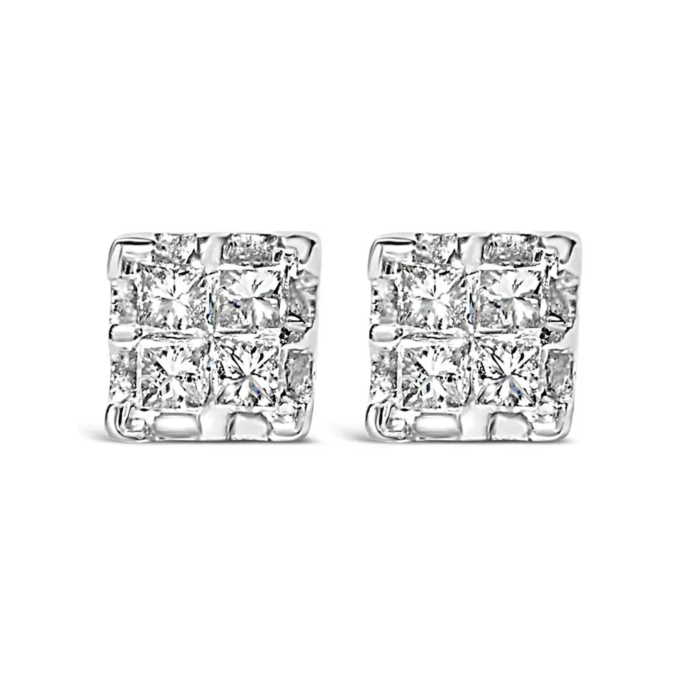10k Yellow Gold Princess Diamond Quad Stud Earrings (1/4 cttw, J-K Color, I2-I3 Clarity) - Bijoux-NYC Direct