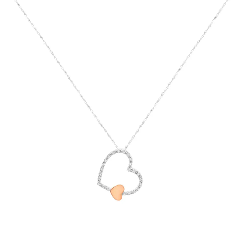 10k two tone gold 1/6 cttw diamond floating double heart pendant necklace bijoux-nyc direct