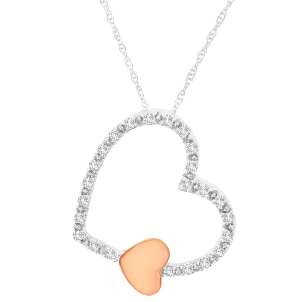 10k two tone gold 1/6 cttw diamond floating double heart pendant necklace bijoux-nyc direct