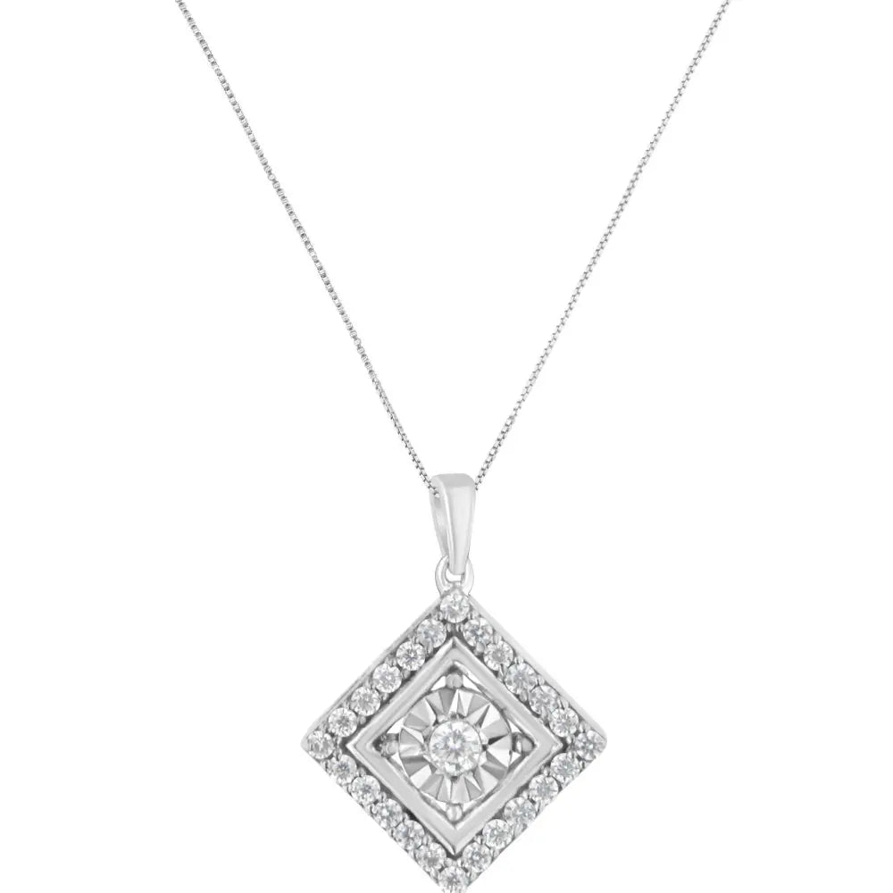 10KT White Gold 1/2 cttw Diamond Square Pendant Necklace (I-J Color, I2-I3 Clarity) - Bijoux-NYC Direct
