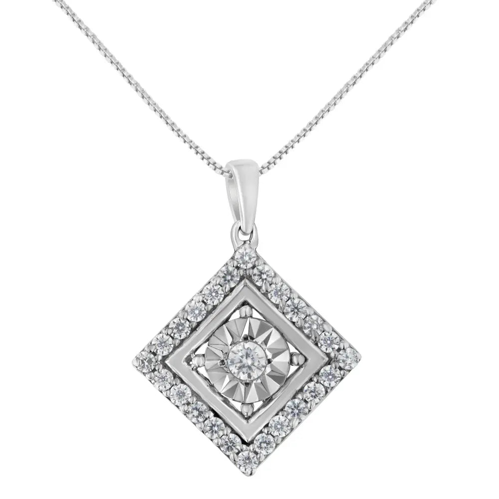 10KT White Gold 1/2 cttw Diamond Square Pendant Necklace (I-J Color, I2-I3 Clarity) - Bijoux-NYC Direct