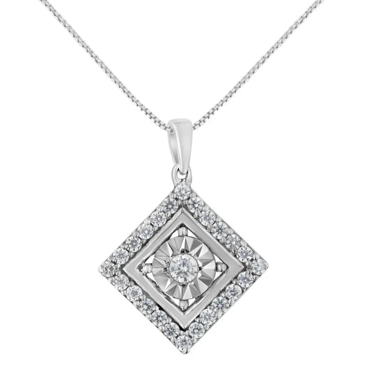 10KT White Gold 1/2 cttw Diamond Square Pendant Necklace (I-J Color, I2-I3 Clarity) - Bijoux-NYC Direct