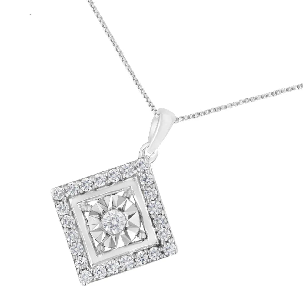 10KT White Gold 1/2 cttw Diamond Square Pendant Necklace (I-J Color, I2-I3 Clarity) - Bijoux-NYC Direct