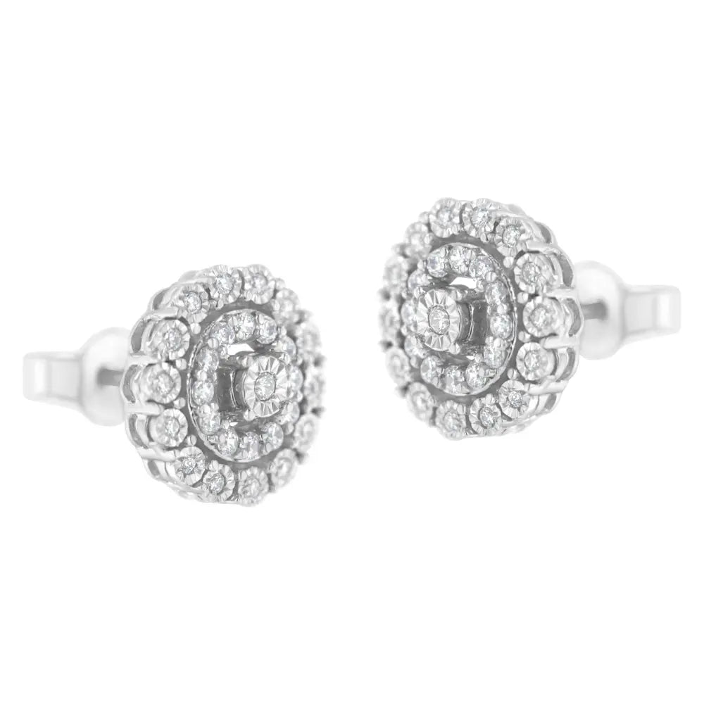 10KT White Gold 1/2 cttw Double Halo Brilliant Round-Cut Diamond Stud Earrings (I-J Clarity, I2-I3 Color) - Bijoux-NYC Direct