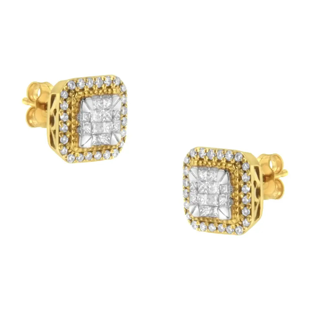 10kt yellow gold 1/2 cttw square diamond cluster halo stud earrings bijoux-nyc direct