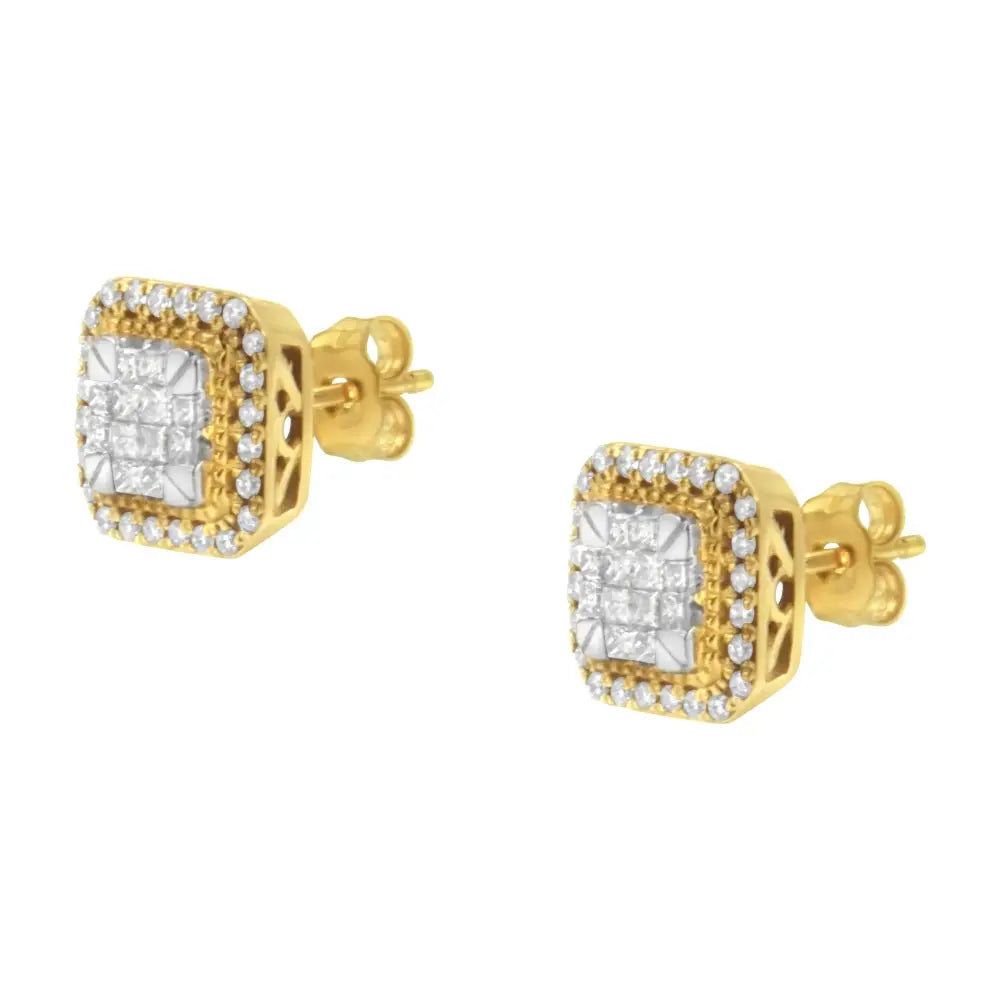 10kt yellow gold 1/2 cttw square diamond cluster halo stud earrings bijoux-nyc direct