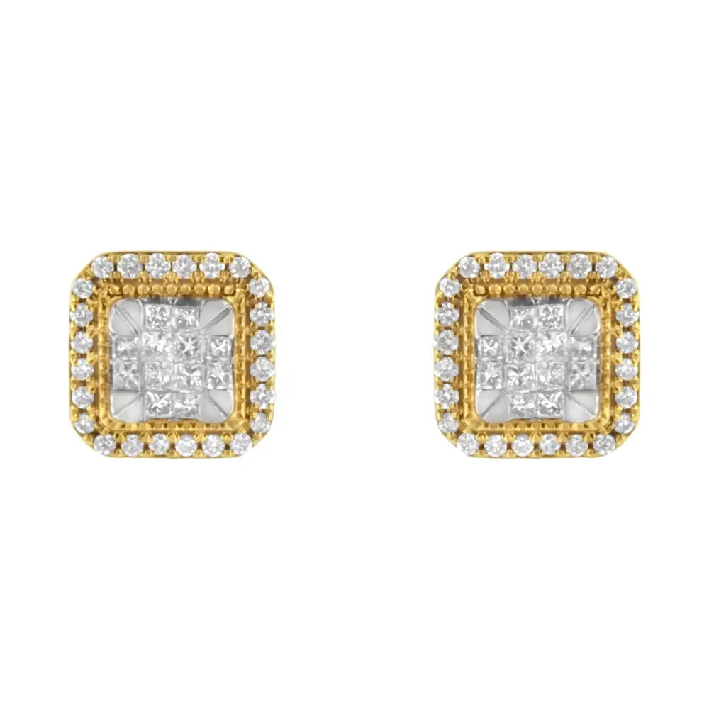 10kt yellow gold 1/2 cttw square diamond cluster halo stud earrings bijoux-nyc direct