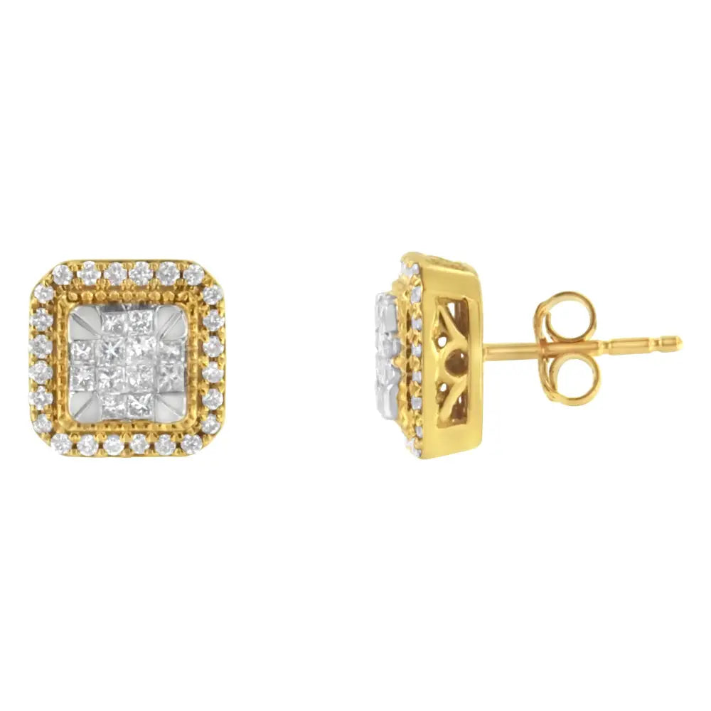 10kt yellow gold 1/2 cttw square diamond cluster halo stud earrings bijoux-nyc direct