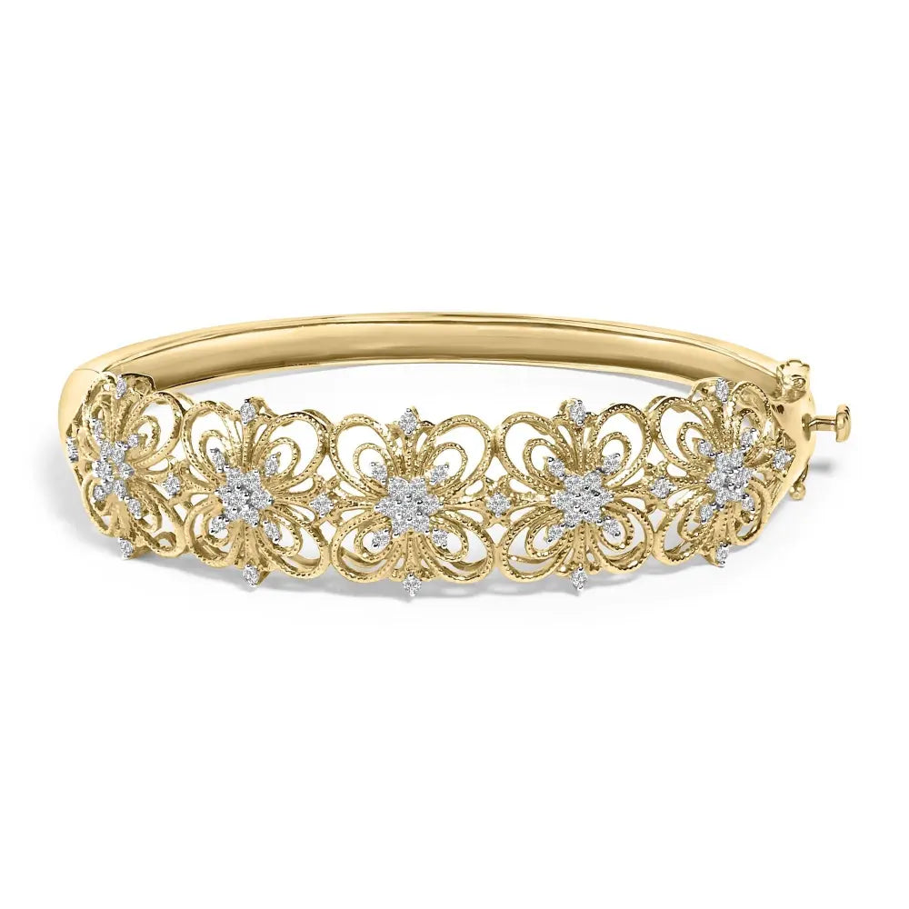 14k gold 1.00 cttw diamond vintage inspired floral bangle bracelet (h i color si1 si2 clarity) 7.75’’ inches