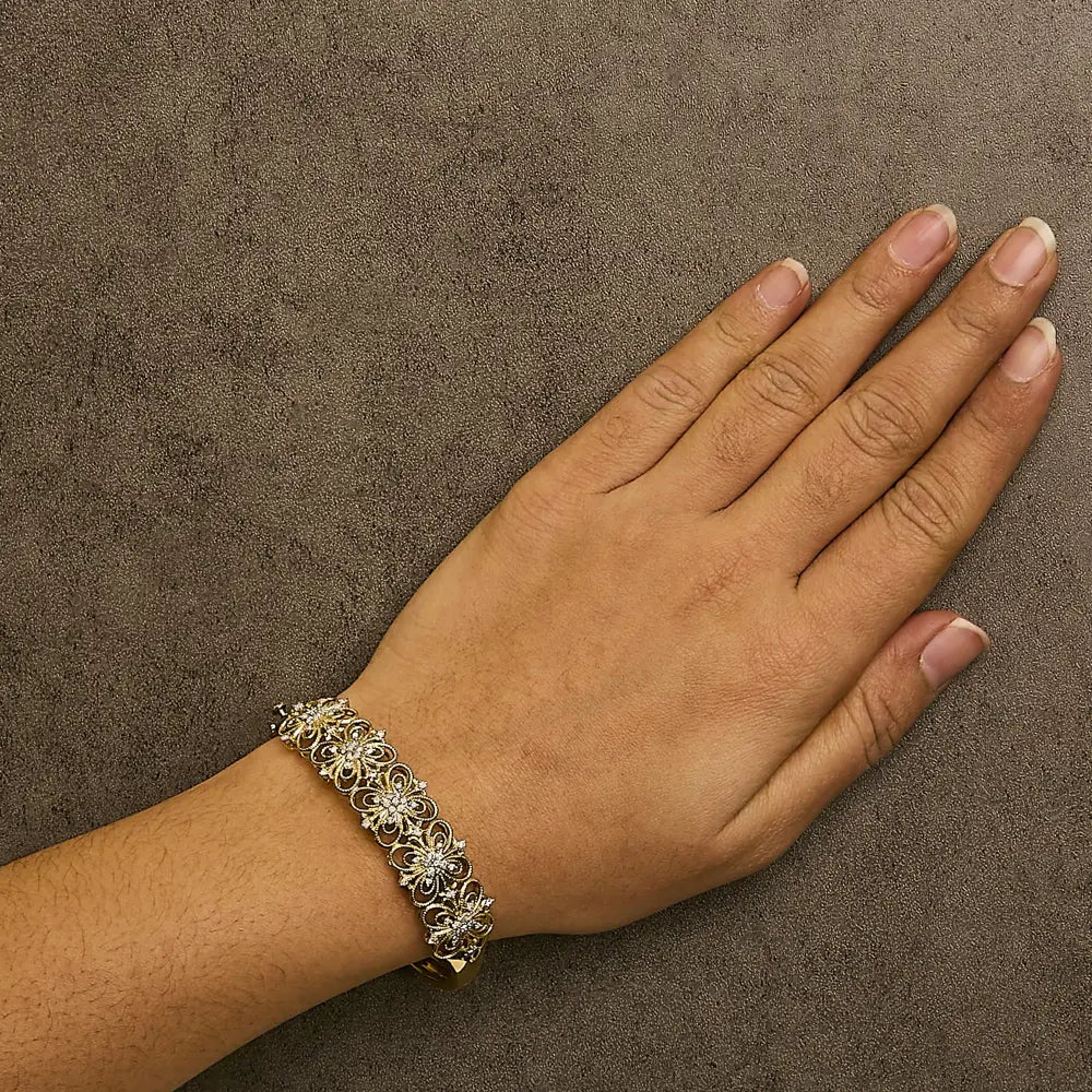 14k gold 1.00 cttw diamond vintage inspired floral bangle bracelet (h i color si1 si2 clarity) 7.75’’ inches