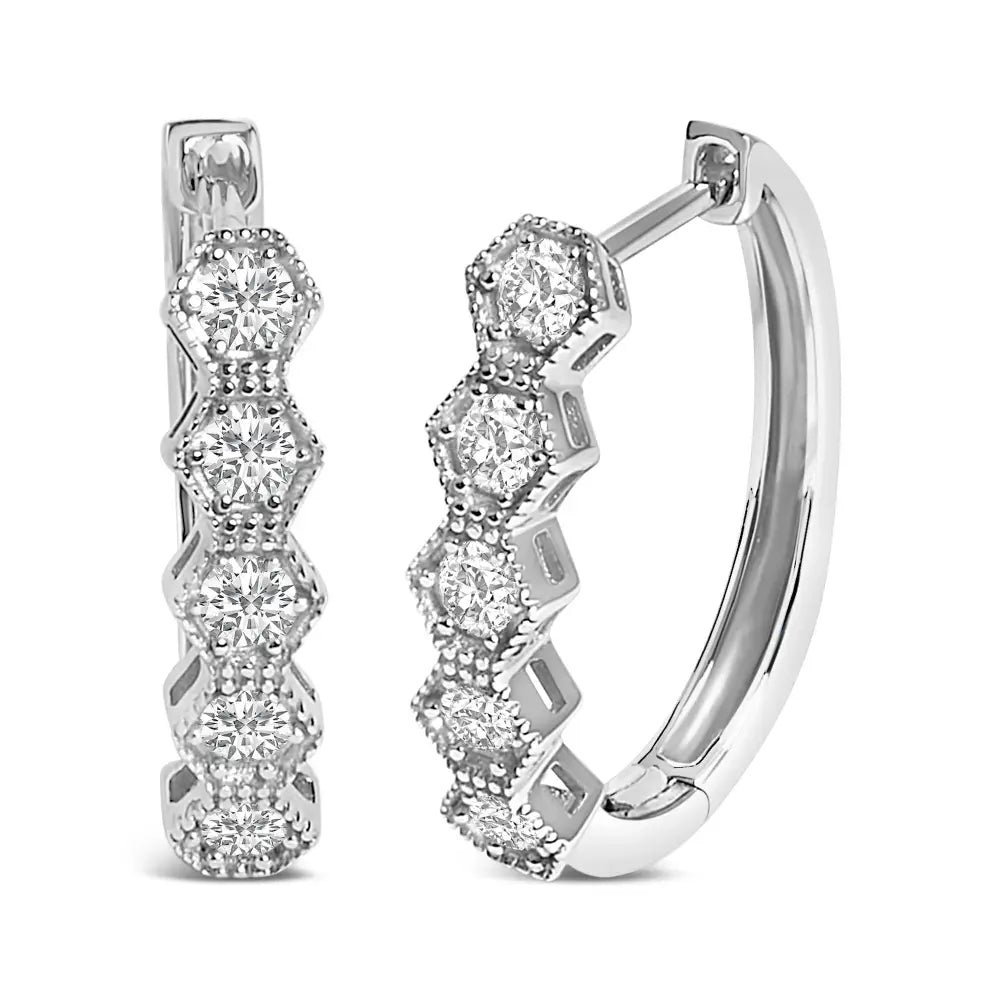 14k white gold 1/2 cttw diamond zig-zag milgrain geometric hoop earrings bijoux-nyc direct