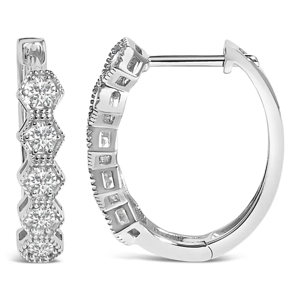 14k white gold 1/2 cttw diamond zig-zag milgrain geometric hoop earrings bijoux-nyc direct