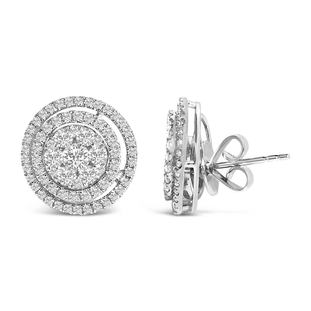 14K Gold 1 3/8 Cttw Diamond Cluster and Double Halo Stud Earring (G-H Color, SI1-SI2 Clarity) - Bijoux-NYC Direct