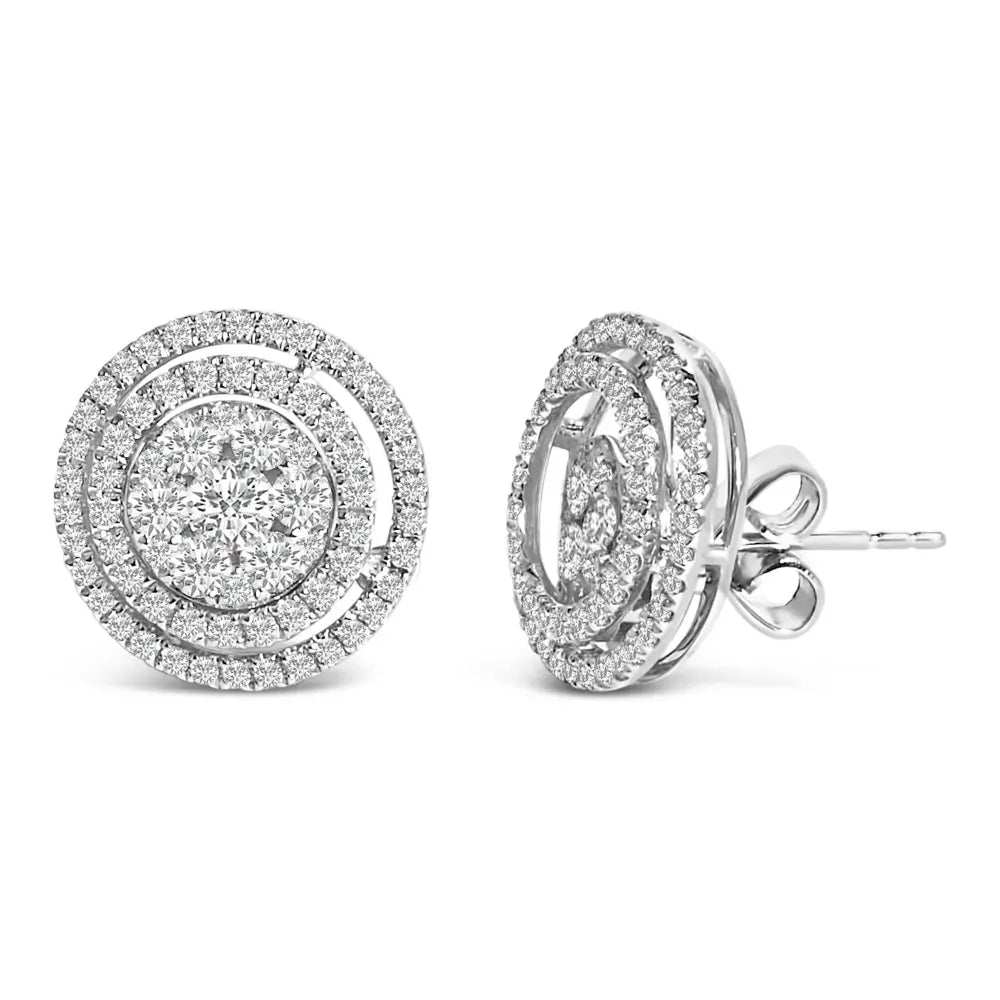 14K Gold 1 3/8 Cttw Diamond Cluster and Double Halo Stud Earring (G-H Color, SI1-SI2 Clarity) - Bijoux-NYC Direct