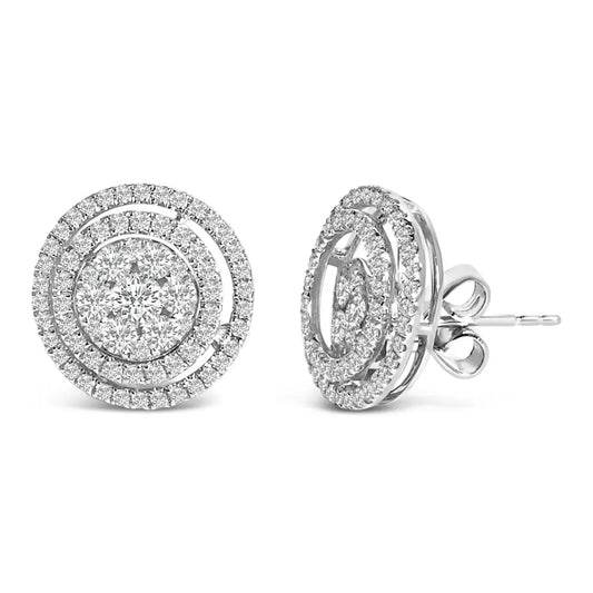 14K Gold 1 3/8 Cttw Diamond Cluster and Double Halo Stud Earring (G-H Color, SI1-SI2 Clarity) - Bijoux-NYC Direct