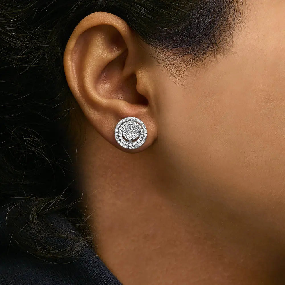 14K Gold 1 3/8 Cttw Diamond Cluster and Double Halo Stud Earring (G-H Color, SI1-SI2 Clarity) - Bijoux-NYC Direct