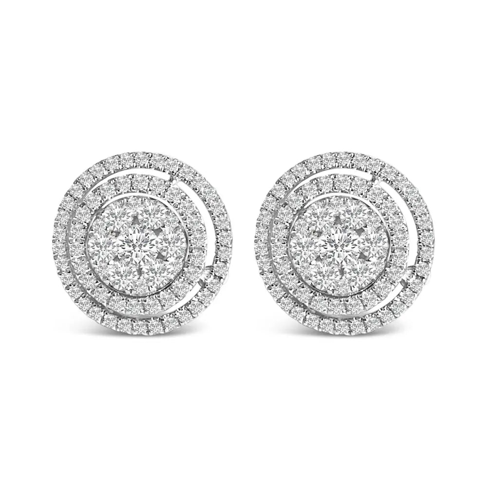 14K Gold 1 3/8 Cttw Diamond Cluster and Double Halo Stud Earring (G-H Color, SI1-SI2 Clarity) - Bijoux-NYC Direct