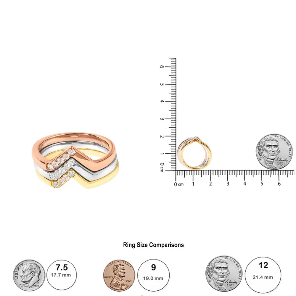 14k gold 1/4 cttw diamond chevron v shape stackable band ring set size 7 bijoux-nyc direct