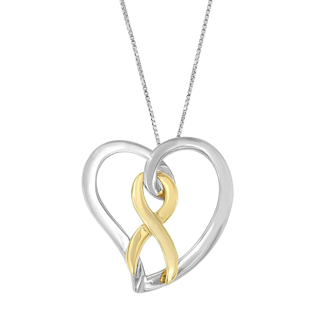 14k yellow gold and sterling silver heart bow pendant necklace bijoux-nyc direct