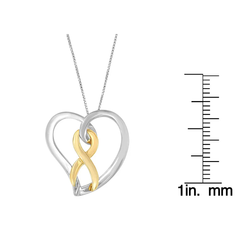 14k yellow gold and sterling silver heart bow pendant necklace bijoux-nyc direct