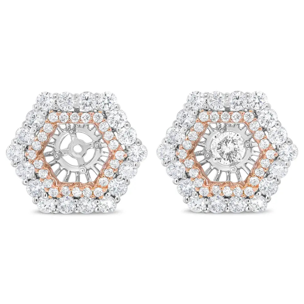 14K Rose and White Gold 1 7/8 Cttw Round Diamond Double Halo Earring Jacket for 6mm Round Studs (G-H Color, VS2-SI1 Clarity) - Bijoux-NYC Direct