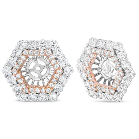 14K Rose and White Gold 1 7/8 Cttw Round Diamond Double Halo Earring Jacket for 6mm Round Studs (G-H Color, VS2-SI1 Clarity) - Bijoux-NYC Direct