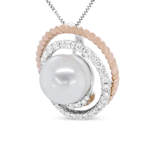 14K Rose and White Gold 3/8 Cttw Pave Diamond and 9mm Round Pearl Spiral Openwork 18" Pendant Necklace- (H-I Color, VS1-VS2 Clarity) - Bijoux-NYC Direct