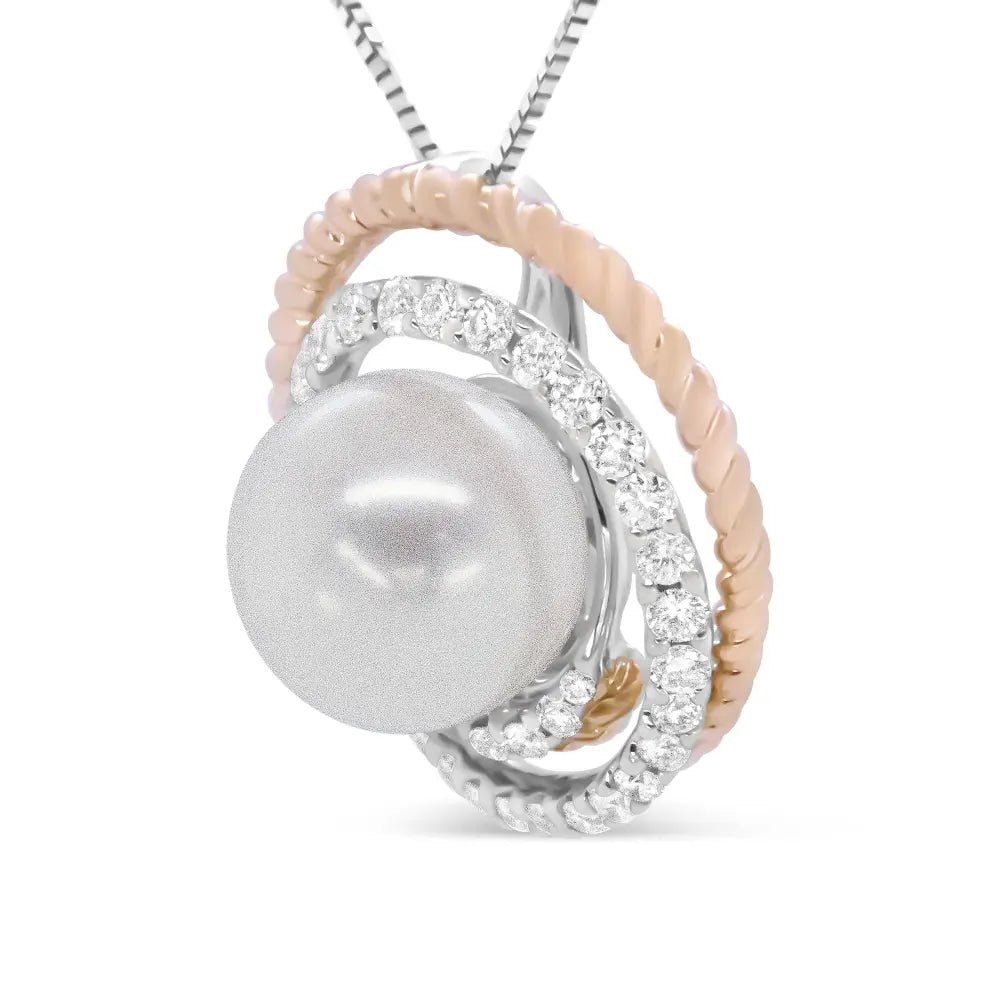 14K Rose and White Gold 3/8 Cttw Pave Diamond and 9mm Round Pearl Spiral Openwork 18" Pendant Necklace- (H-I Color, VS1-VS2 Clarity) - Bijoux-NYC Direct