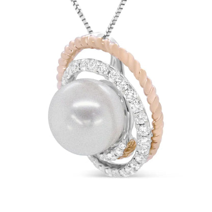 14K Rose and White Gold 3/8 Cttw Pave Diamond and 9mm Round Pearl Spiral Openwork 18" Pendant Necklace- (H-I Color, VS1-VS2 Clarity) - Bijoux-NYC Direct