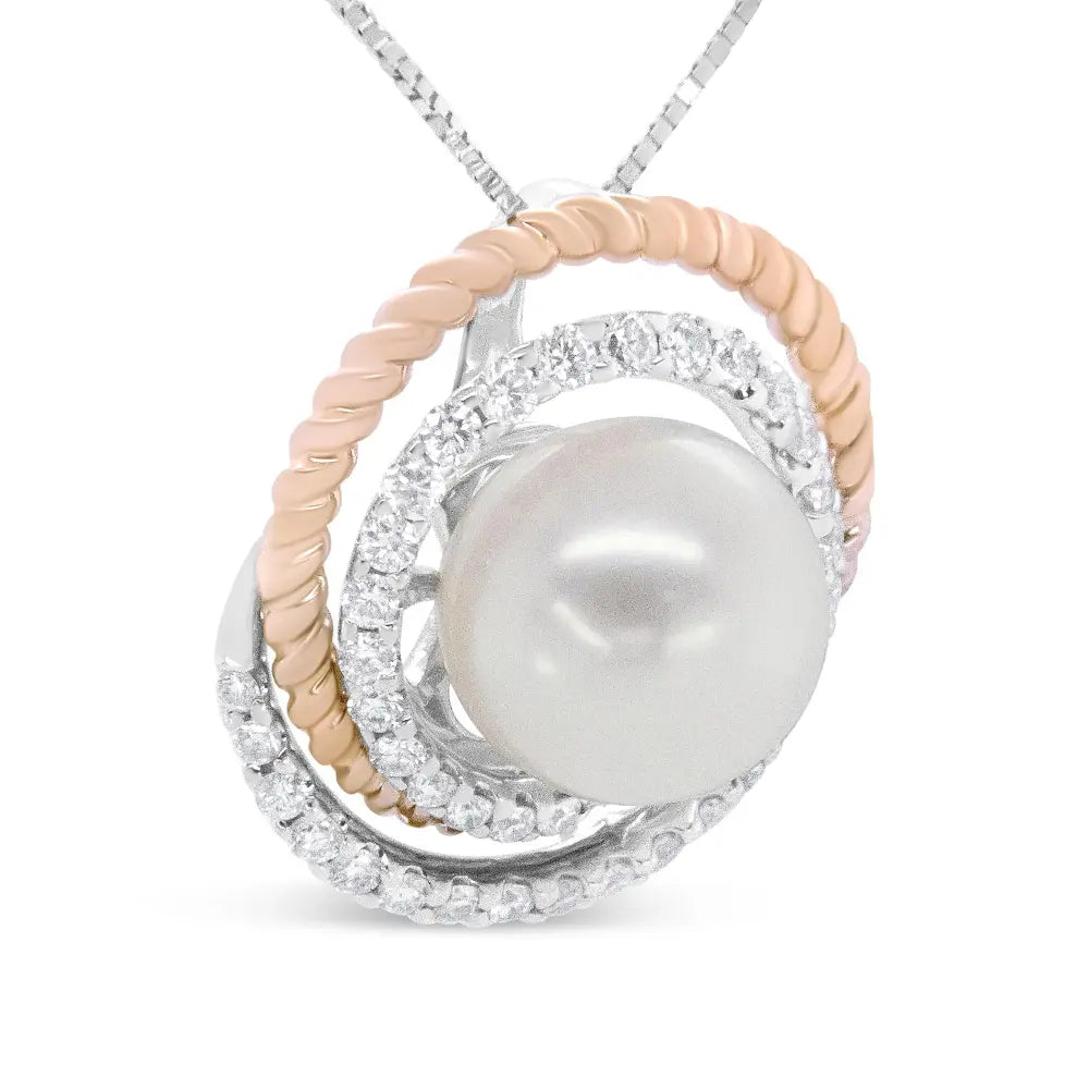 14K Rose and White Gold 3/8 Cttw Pave Diamond and 9mm Round Pearl Spiral Openwork 18" Pendant Necklace- (H-I Color, VS1-VS2 Clarity) - Bijoux-NYC Direct