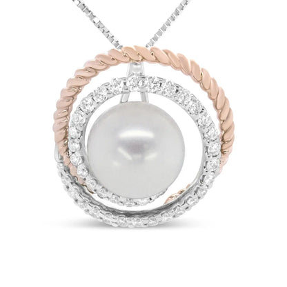 14K Rose and White Gold 3/8 Cttw Pave Diamond and 9mm Round Pearl Spiral Openwork 18" Pendant Necklace- (H-I Color, VS1-VS2 Clarity) - Bijoux-NYC Direct