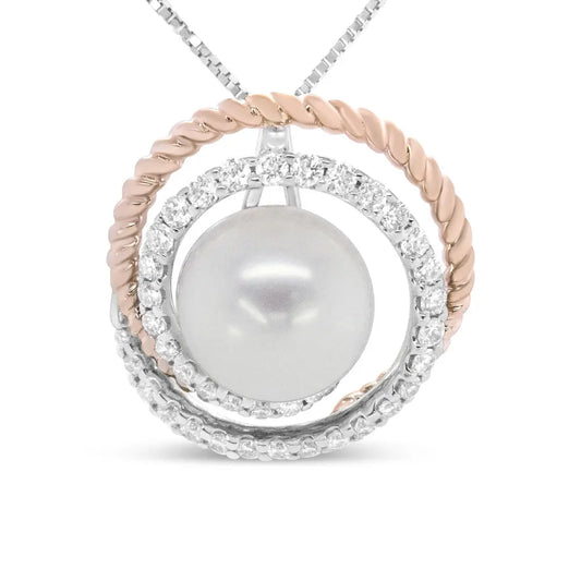 14K Rose and White Gold 3/8 Cttw Pave Diamond and 9mm Round Pearl Spiral Openwork 18" Pendant Necklace- (H-I Color, VS1-VS2 Clarity) - Bijoux-NYC Direct