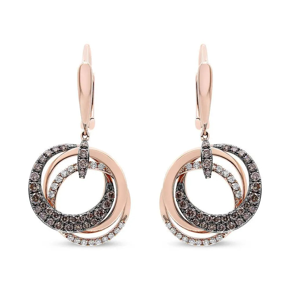 14K Rose Gold 1.00 Cttw White and Brown Diamond Intertwining Hoops and Circle Dangle Earrings (H-I/Brown Color, SI1-SI2 Clarity) - Bijoux-NYC Direct
