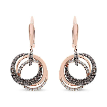 14K Rose Gold 1.00 Cttw White and Brown Diamond Intertwining Hoops and Circle Dangle Earrings (H-I/Brown Color, SI1-SI2 Clarity) - Bijoux-NYC Direct
