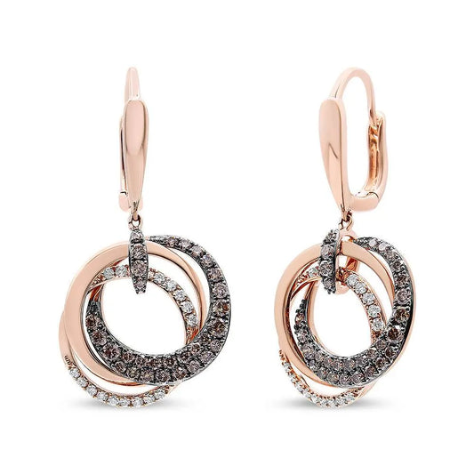 14K Rose Gold 1.00 Cttw White and Brown Diamond Intertwining Hoops and Circle Dangle Earrings (H-I/Brown Color, SI1-SI2 Clarity) - Bijoux-NYC Direct