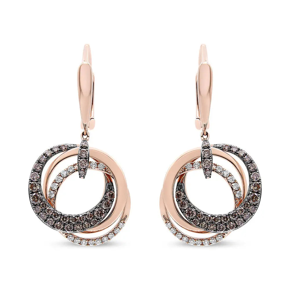 14k rose gold 1.00 cttw white and brown diamond triple circle earrings bijoux-nyc direct