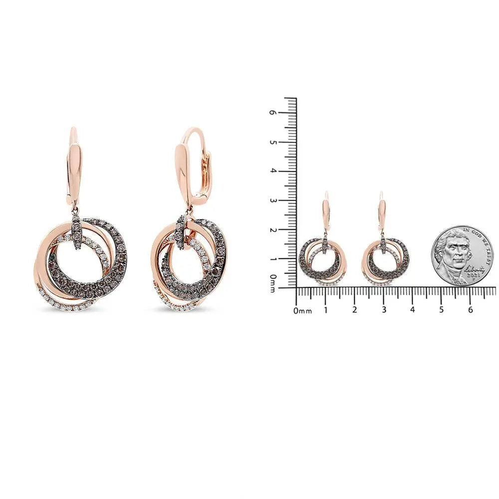 14K Rose Gold 1.00 Cttw White and Brown Diamond Intertwining Hoops and Circle Dangle Earrings (H-I/Brown Color, SI1-SI2 Clarity) - Bijoux-NYC Direct