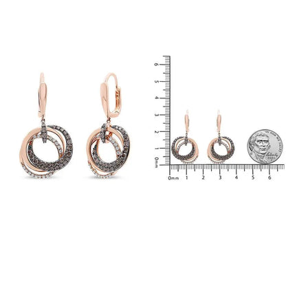 14K Rose Gold 1.00 Cttw White and Brown Diamond Intertwining Hoops and Circle Dangle Earrings (H-I/Brown Color, SI1-SI2 Clarity) - Bijoux-NYC Direct