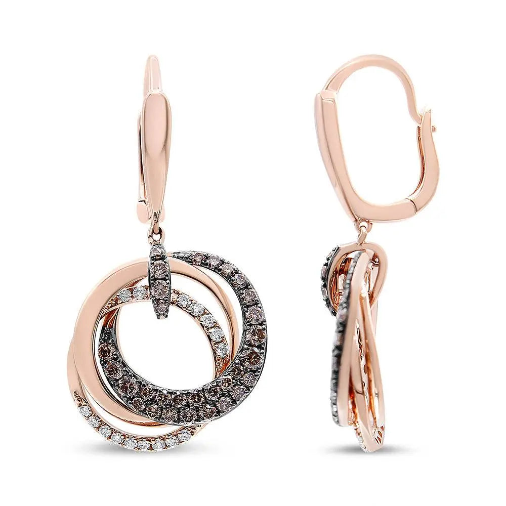 14K Rose Gold 1.00 Cttw White and Brown Diamond Intertwining Hoops and Circle Dangle Earrings (H-I/Brown Color, SI1-SI2 Clarity) - Bijoux-NYC Direct