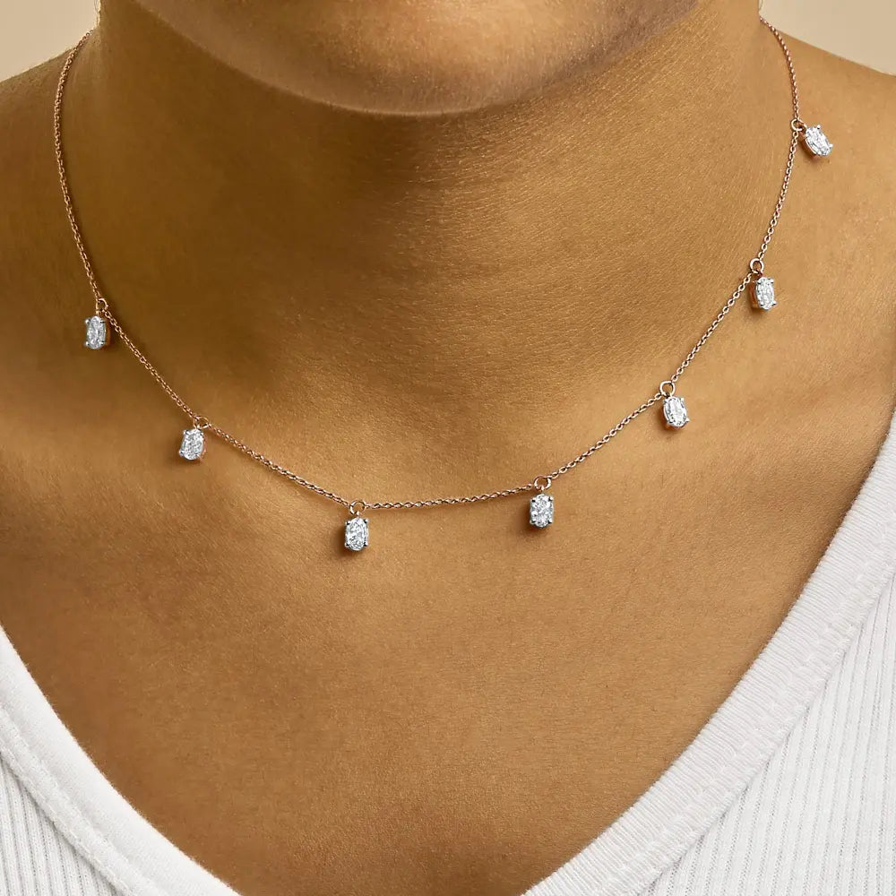 14k rose gold 1 3/8 cttw oval lab grown diamond dangle station necklace 17’’ inches necklaces/non pendant/station handcrafted