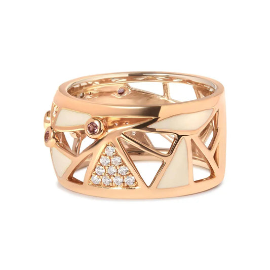 14K Rose Gold 1/3 Cttw Diamond and Pink Tourmaline Cigar Band Ring with White Enamel (G-H Color, SI1-SI2 Clarity) - Bijoux-NYC Direct