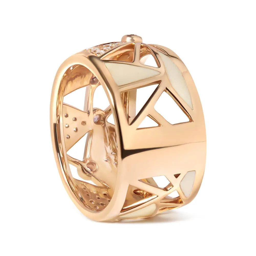 14K Rose Gold 1/3 Cttw Diamond and Pink Tourmaline Cigar Band Ring with White Enamel (G-H Color, SI1-SI2 Clarity) - Bijoux-NYC Direct