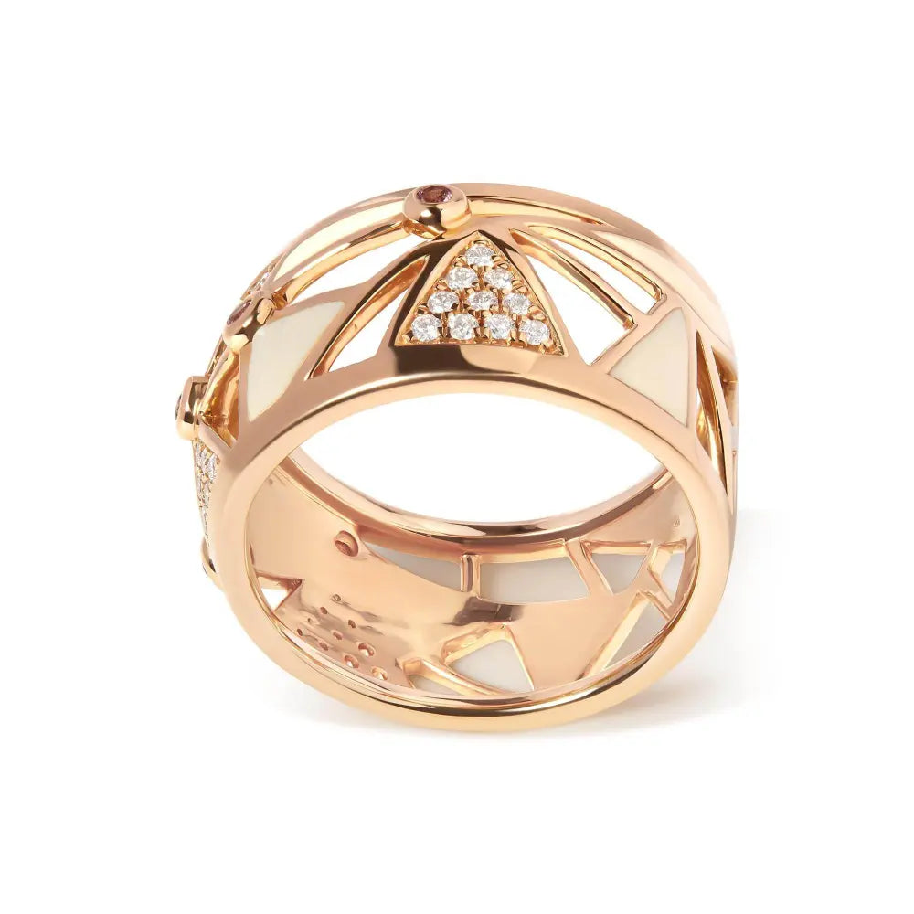 14K Rose Gold 1/3 Cttw Diamond and Pink Tourmaline Cigar Band Ring with White Enamel (G-H Color, SI1-SI2 Clarity) - Bijoux-NYC Direct