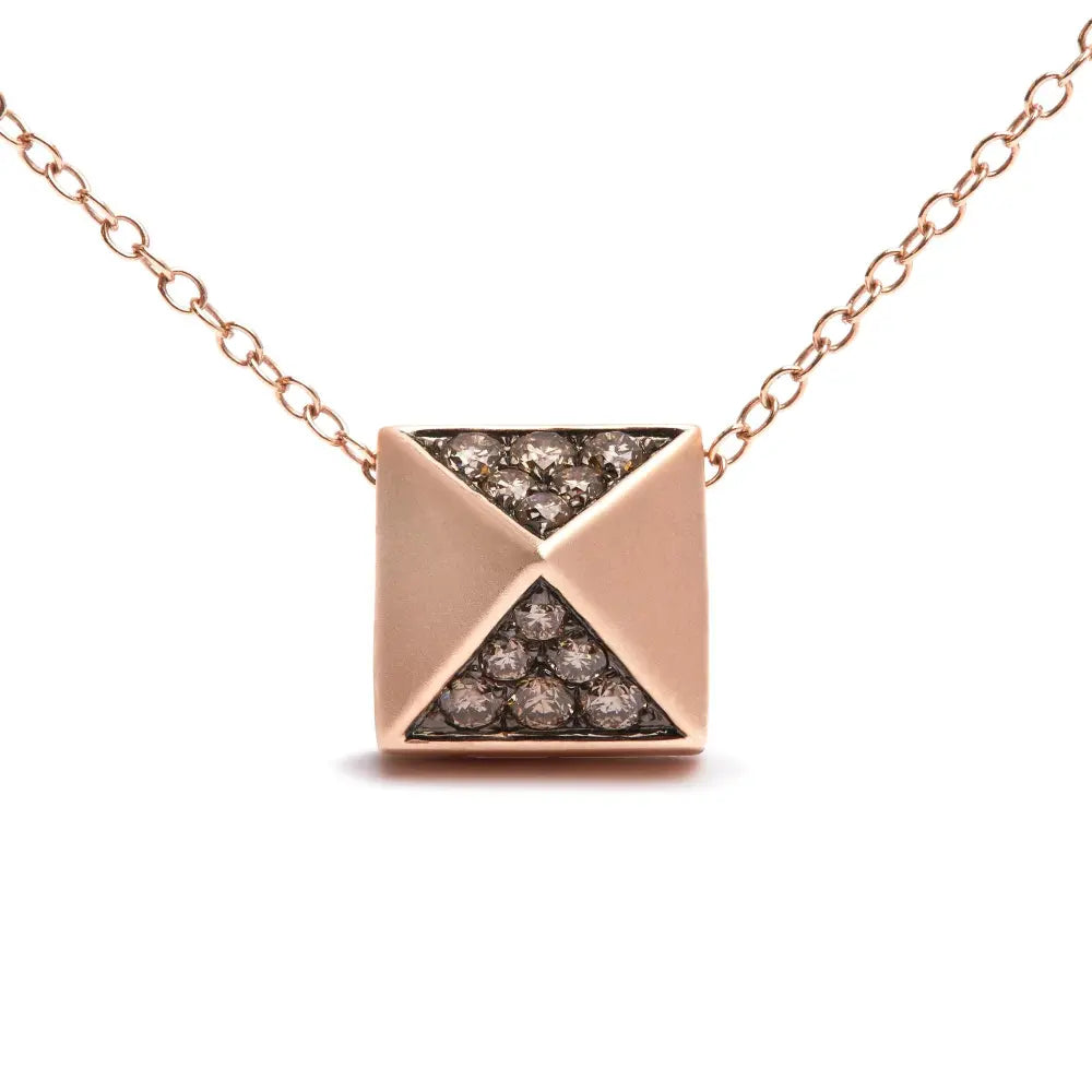 14k rose gold 1/4 cttw brown diamond matte finished pyramid pendant necklace (brown color si1 si2 clarity) 18’’ inches
