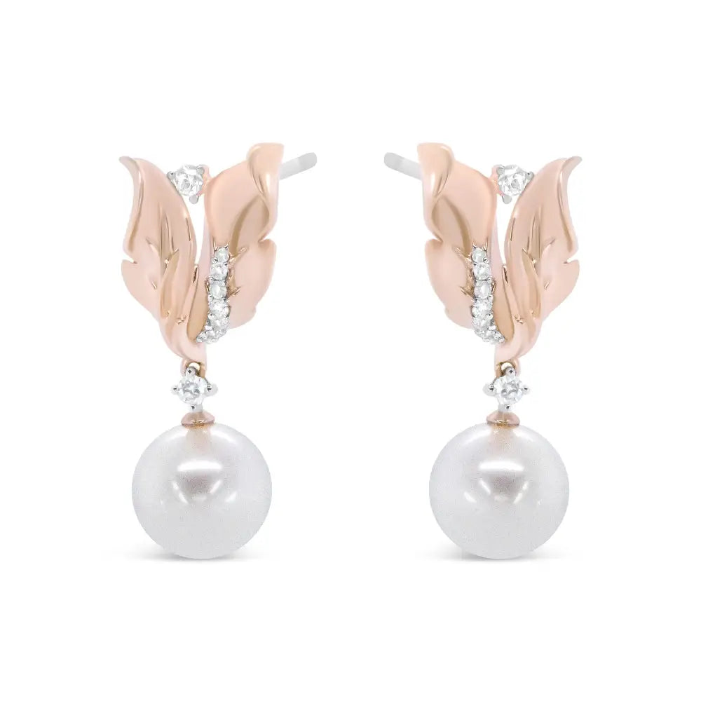 14k rose gold 1/6 cttw diamond and 8mm pearl floral drop earrings bijoux-nyc direct